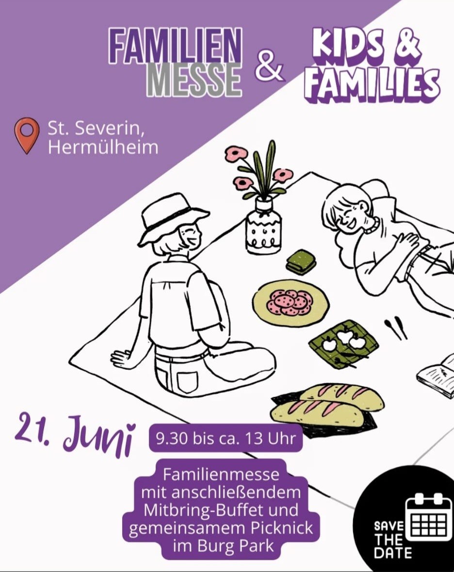 Plakat mit Einladung  zur Familienmesse und anschließendem Mitbring-Buffet